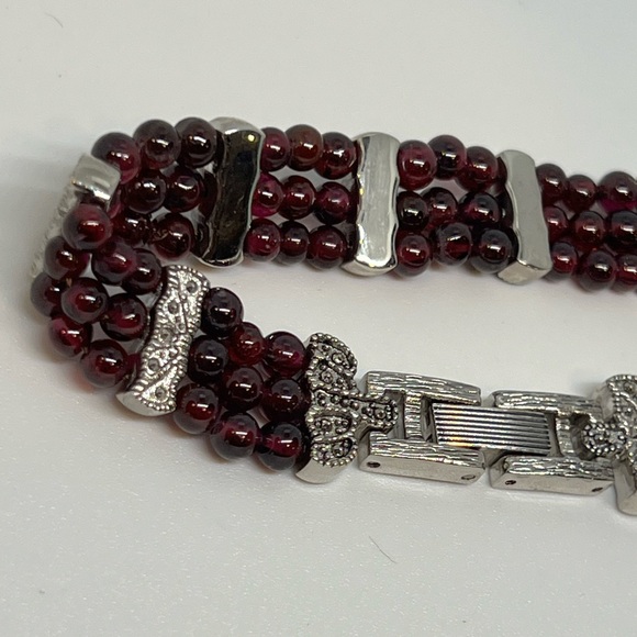 Vintage Marcasite, silver and Red Garnet Triple Row Beaded Bracelet - Picture 5 of 11